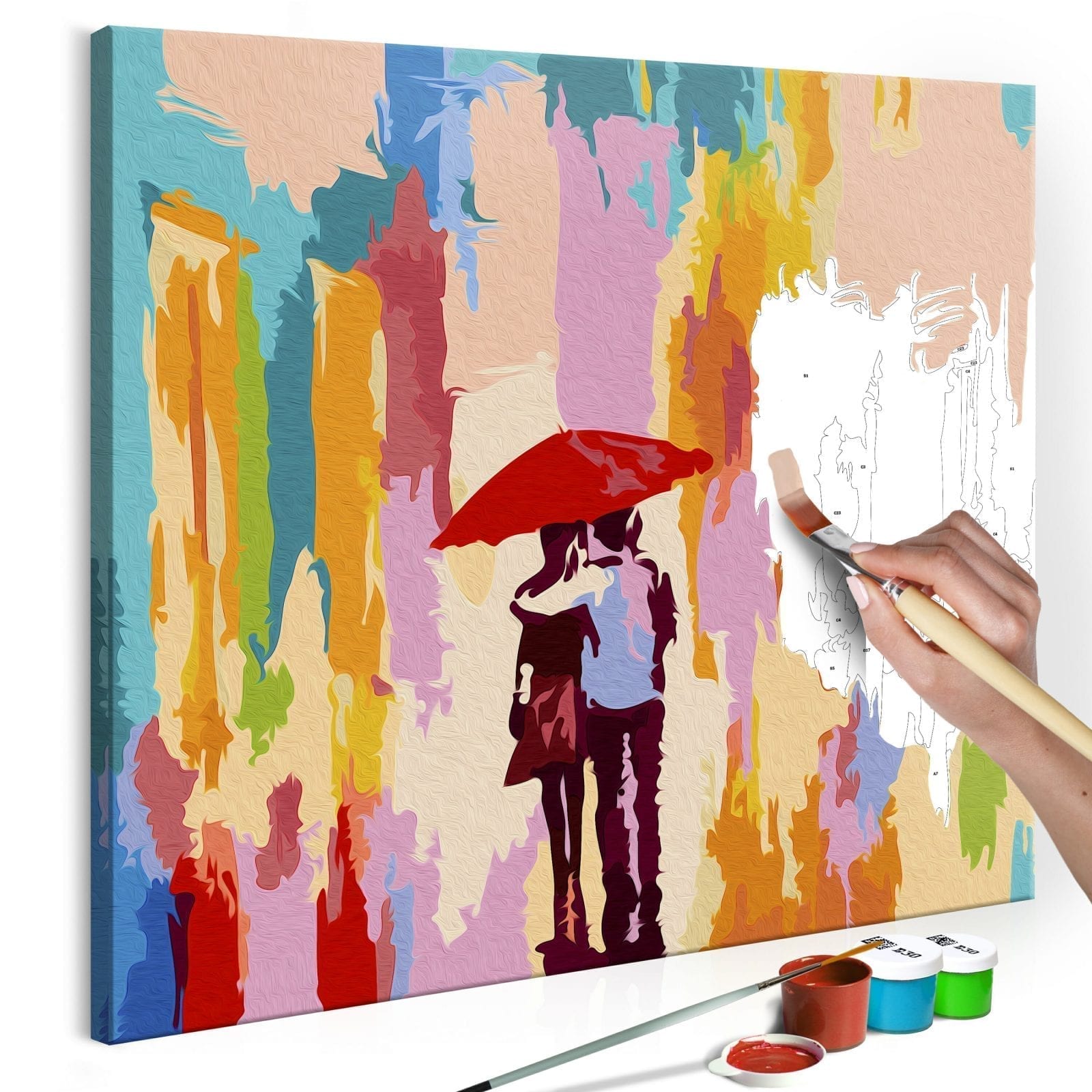 Cuadro para colorear - Pareja bajo el paraguas (fondo rosa) 1 | Potspintura.com