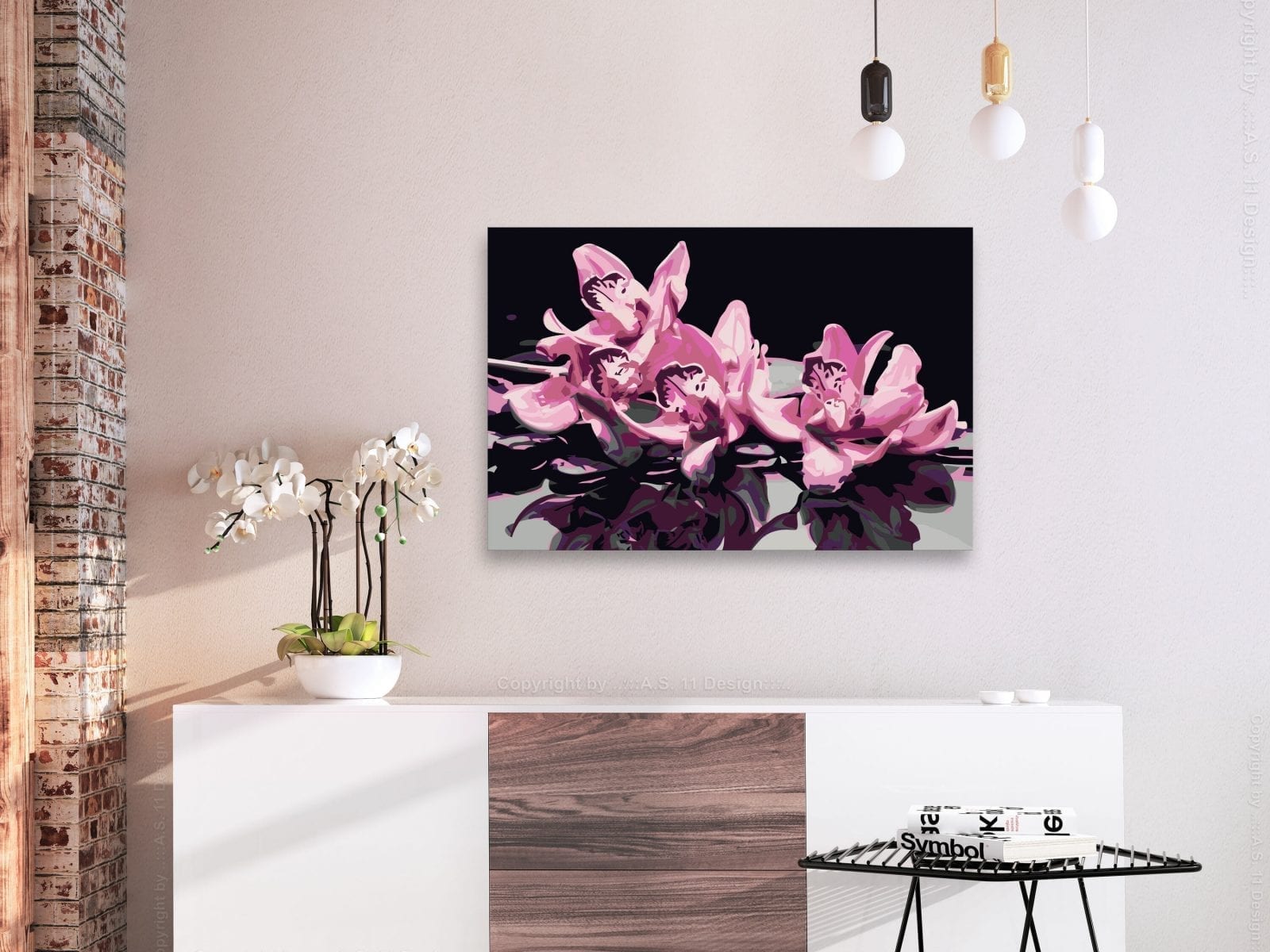 Cuadro para colorear - Orquídea rosa (fondo negro) 2 | Potspintura.com