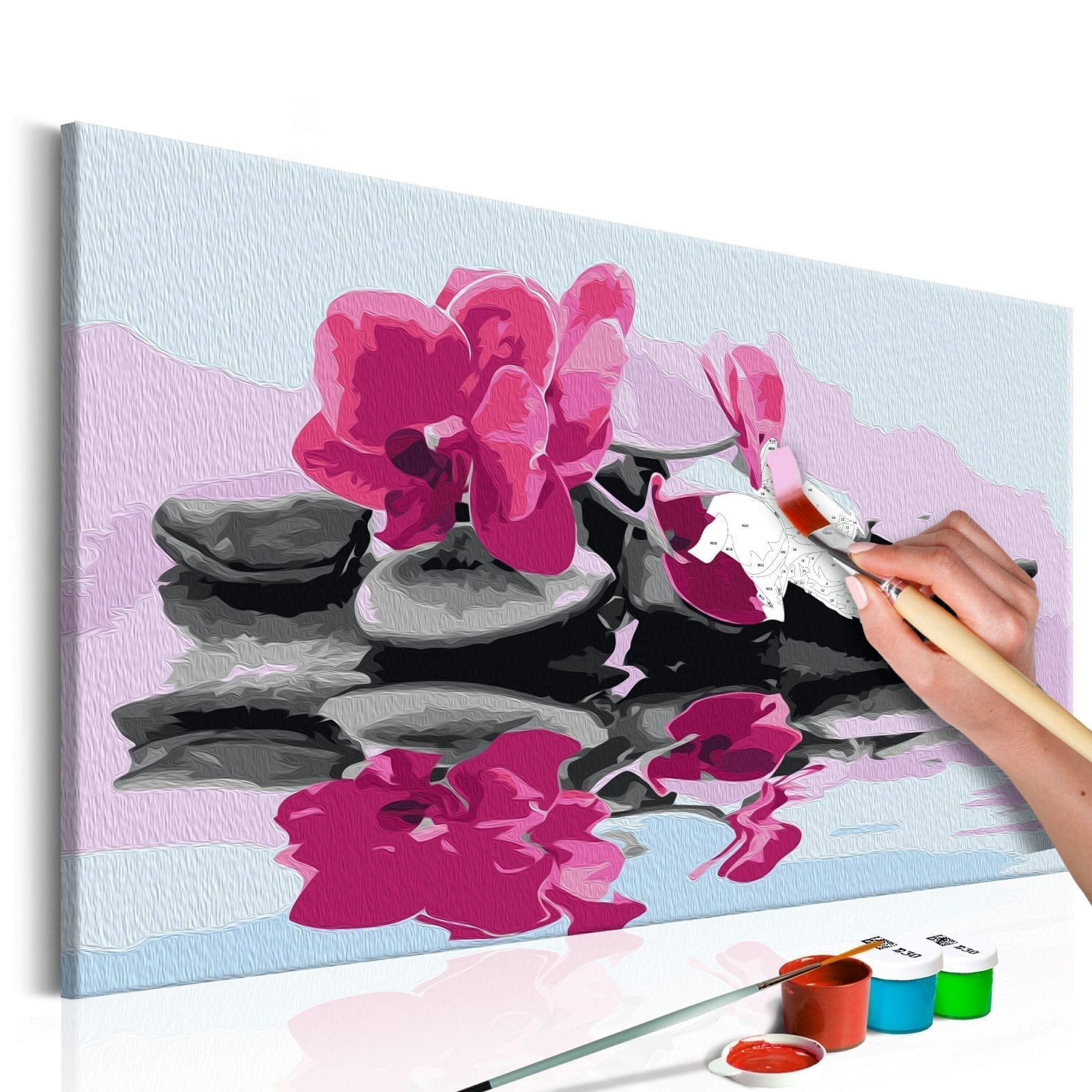 Cuadro para colorear - Orquídea y piedras zen reflejadas en un espejo del agua 1 | Potspintura.com