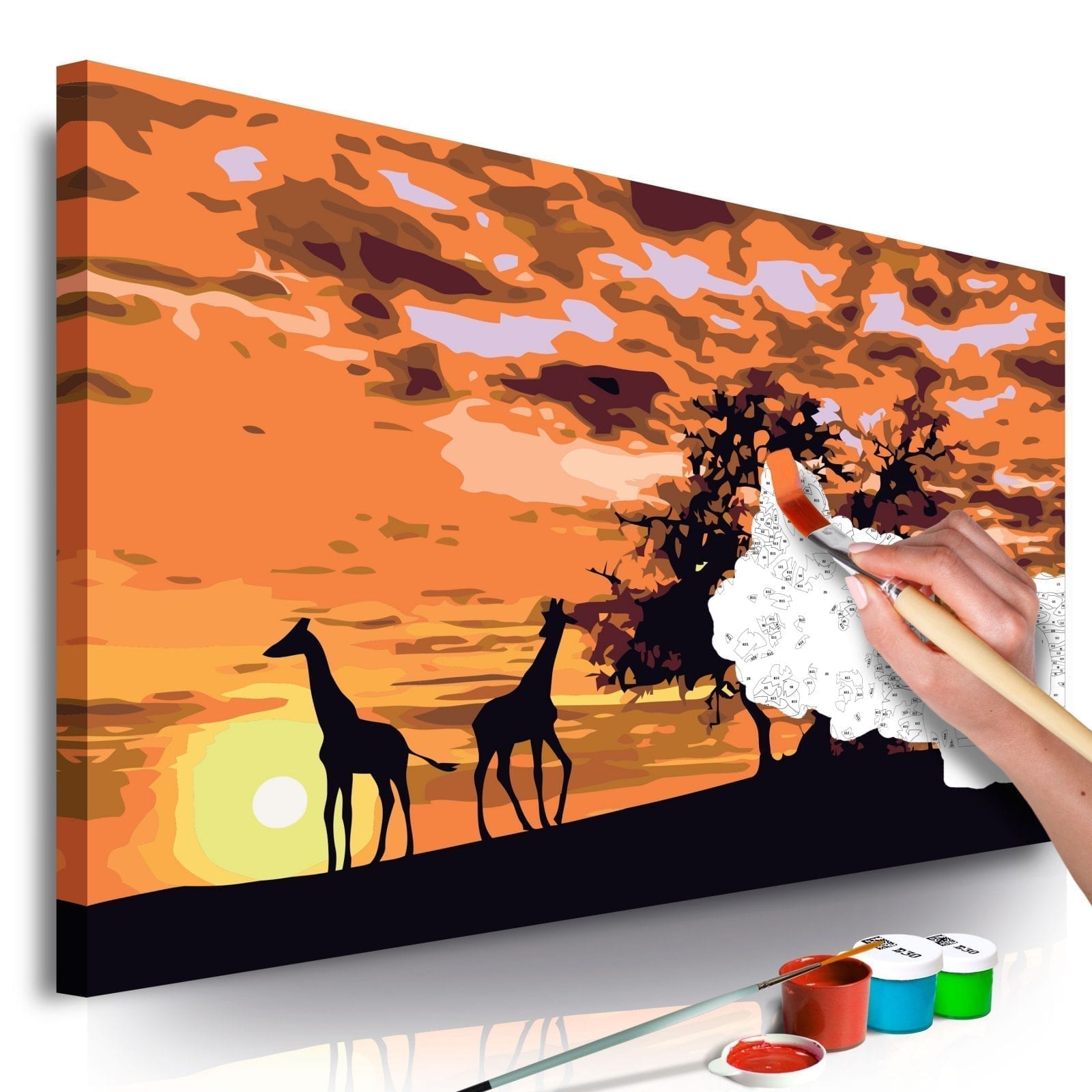 Cuadro para colorear - En la sabana (jirafas y elefantes) 1 | Potspintura.com
