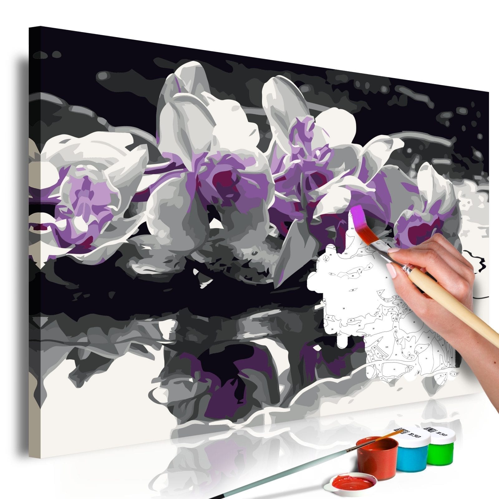 Cuadro para colorear - Orquídea morada (fondo negro y reflejo en el agua) 1 | Potspintura.com
