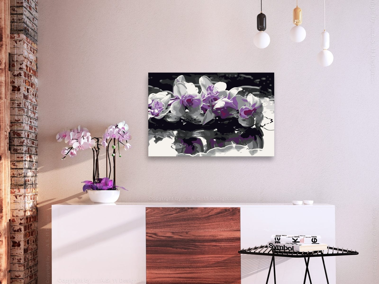 Cuadro para colorear - Orquídea morada (fondo negro y reflejo en el agua) 2 | Potspintura.com