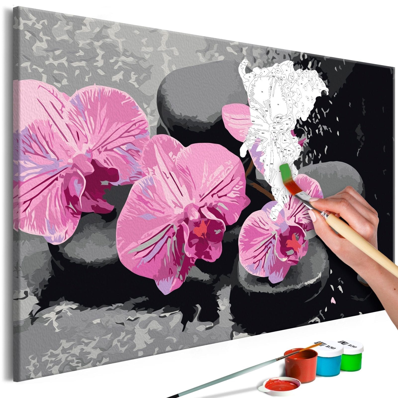 Cuadro para colorear - Orquídea y piedras zen (fondo negro) 1 | Potspintura.com